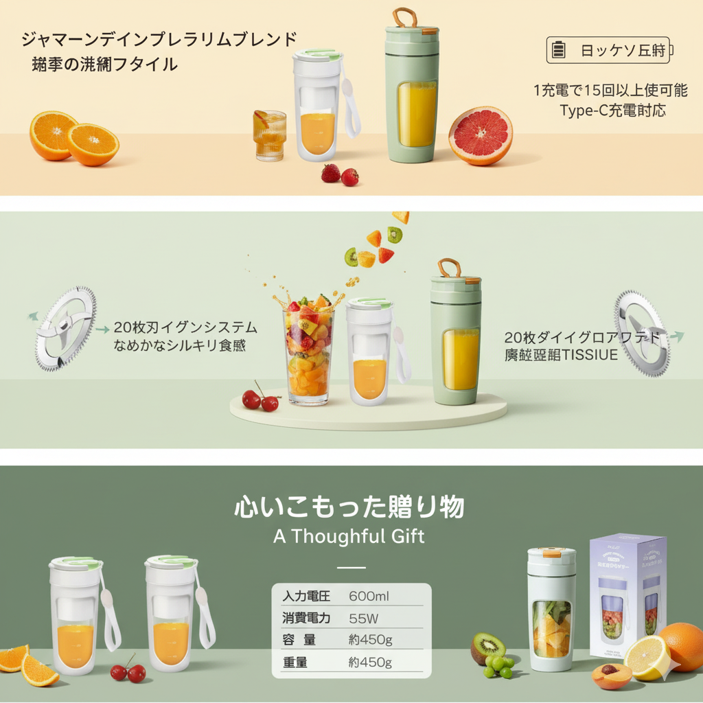 ミキサースムージー小型ジューサースムージー氷も砕ける　600ML 22000回転一台多役一人用お手入れ簡単 持ち運びやすい野菜果物ビタミン離乳食健康ダイエット Type-C充電　　アウトドア旅行出張オフィス